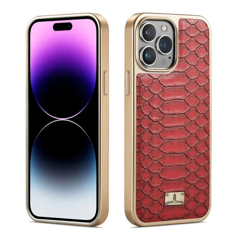 Fierre Shann Python Texture Electroplating PU Phone Case - For iPhone 14 Pro Max / Red - Apple Accessories