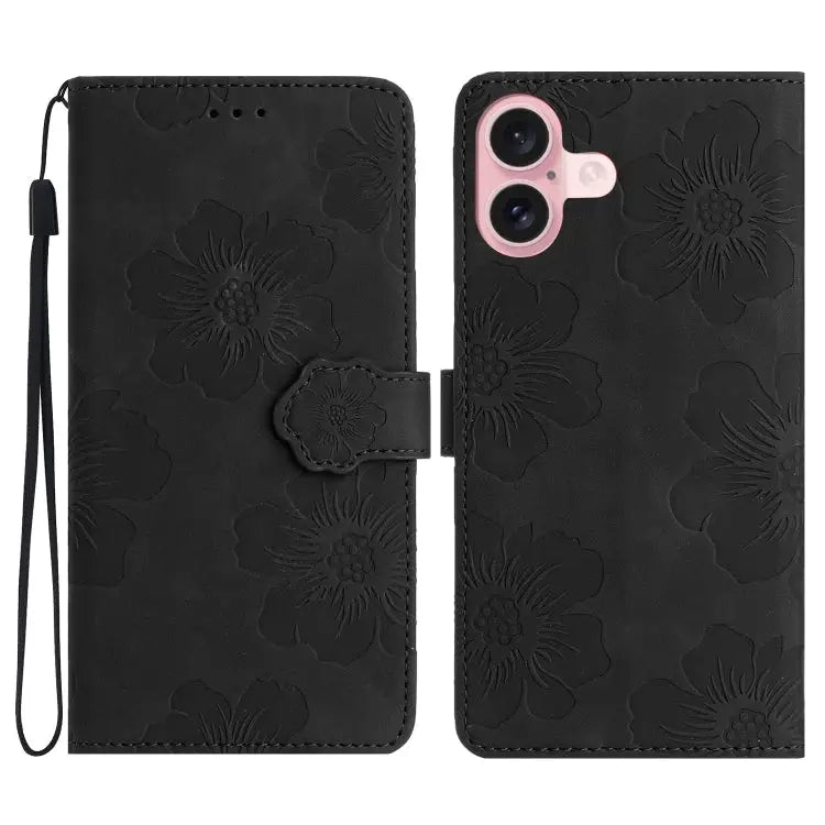 Flower Embossing Pattern Leather Phone Case For iPhone 16e For iPhone 16 Pro Max For iPhone 16 Pro For iPhone 16 Plus