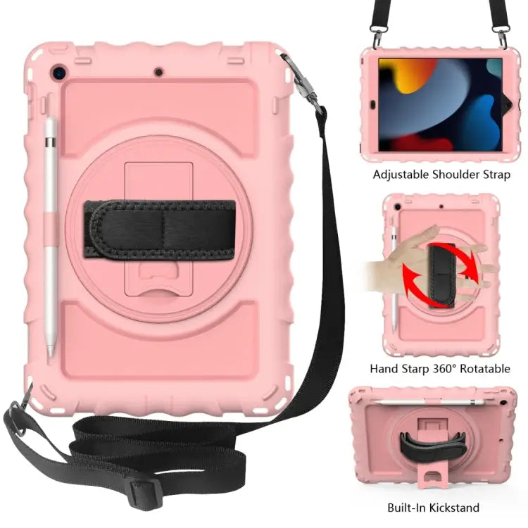 For iPad 10.2 360 Degree Rotating Case with Pencil Holder Kickstand Shockproof Heavy Duty with Shoulder Strap,Hand
