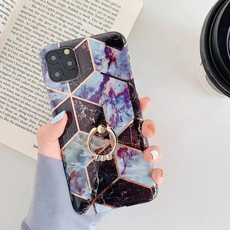 For iPhone 11 Pro Plating Colorful Geometric Pattern Mosaic Marble TPU Mobile Phone Case Rhinestone Stand Ring