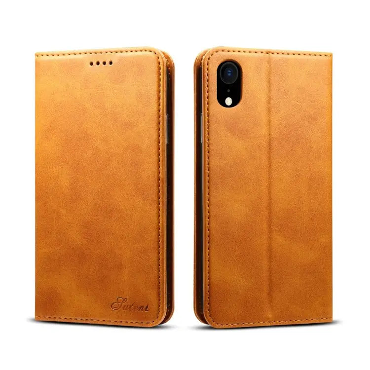 For iPhone XR Suteni Calf Texture Horizontal Flip Leather Case with Holder & Card Slots & Wallet - iPhone XR / Brown