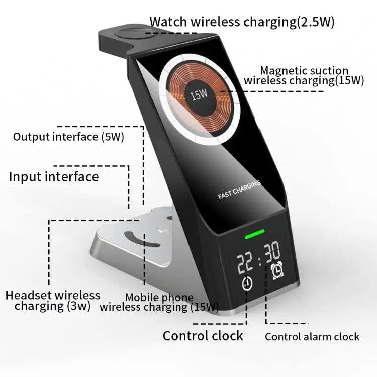 H27 15W 6 In 1 With Clock Function Magnetic Phone Wireless Charger For iWatch/AirPods - H27