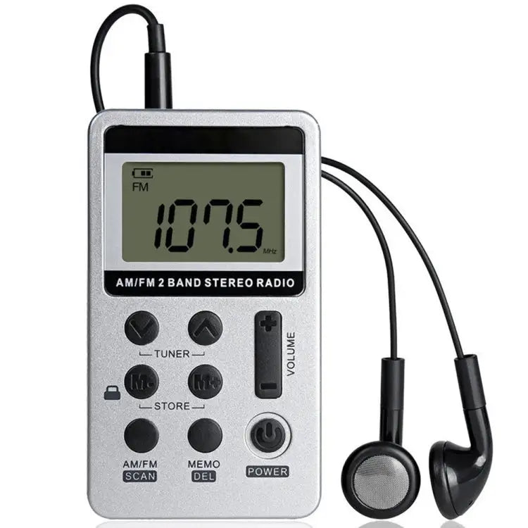 HRD-103 FM + AM Two Band Portable Radio with Lanyard & Headset - Silver