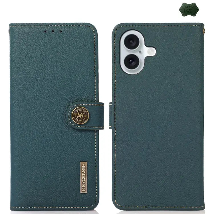 KHAZNEH Custer Genuine Leather RFID Phone Case For iPhone 16 - For iPhone 16 / Green - Apple Accessories