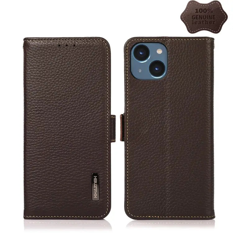 KHAZNEH Side-Magnetic Litchi Genuine Leather RFID Phone Case - For iPhone 14 / Brown - Apple Accessories