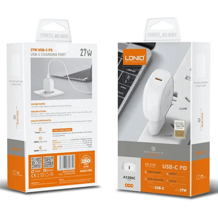 LDNIO A1206C PD27W USB-C / Type-C Fast Charger with 1m 8 Pin Cable EU Plug - EU Plug - Apple Accessories