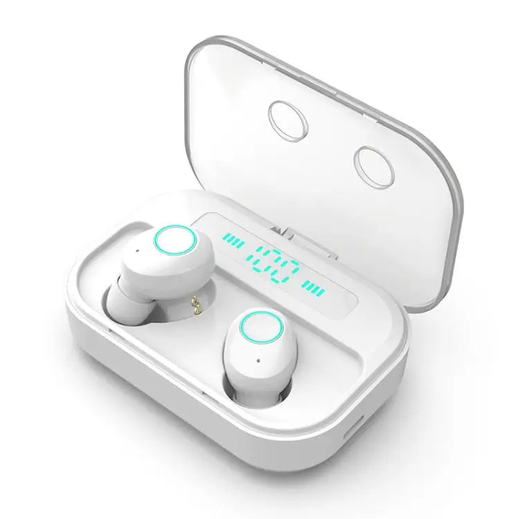 M7 TWS V5.0 Binaural Wireless Stereo Bluetooth Headset with Charging Case and Digital Display - White