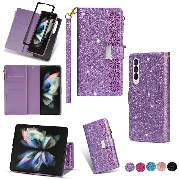 Multi-card Slots Laser Carving Glitter Zipper Leather Case For Samsung Galaxy Z Fold 4 - For Samsung Galaxy Z Fold 4