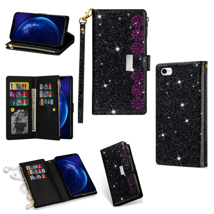 Multi-card Slots Starry Sky Laser Carving Glitter Zipper Horizontal Flip Leather Case with Holder & Wallet & Lanyard