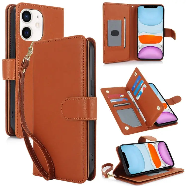 Multi-Card Wallet RFID Leather Phone Case - For iPhone 11 / Brown