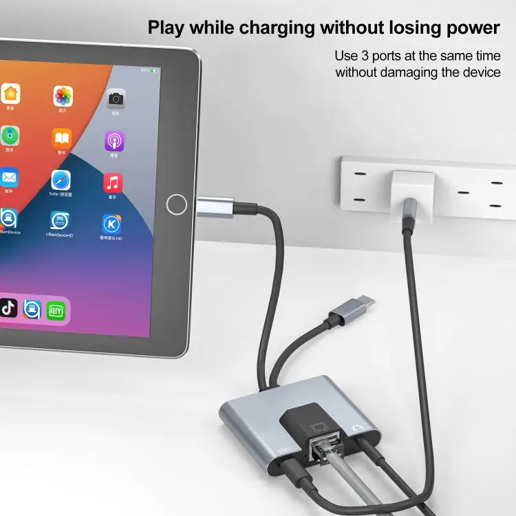 NK-1056Pro 3 in 1 8 Pin + USB-C / Type-C Male to 8 Pin Charging + Ethernet + 3.5mm Earphone Female Adapter NK-1056Pro