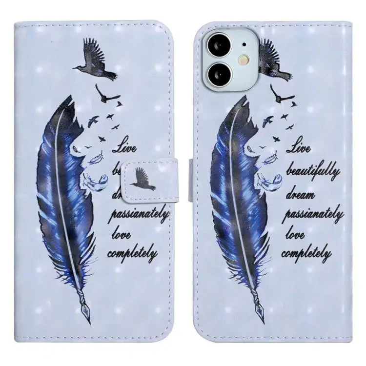 Oil Embossed 3D Drawing Leather Phone Case For iPhone 11 Pro Max For iPhone 11 - For iPhone 11 / Blue Feather - Apple
