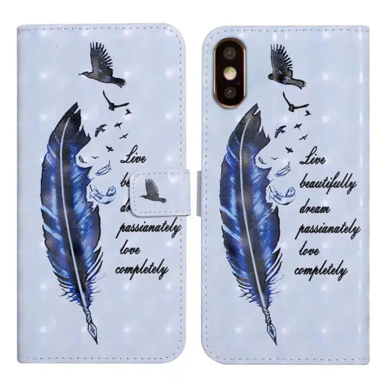 Oil Embossed 3D Drawing Leather Phone Case For iPhone 11 Pro For iPhone X / XS - For iPhone X / XS / Blue Feather
