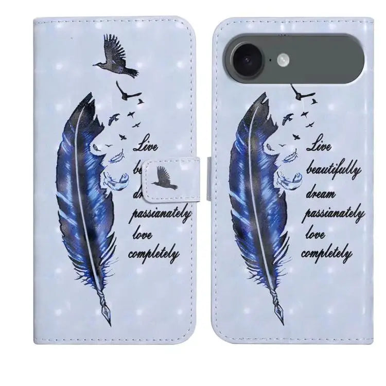 Oil Embossed 3D Drawing Leather Phone Case For iPhone 17 For iPhone 17 Air - For iPhone Air / Blue Feather - Apple