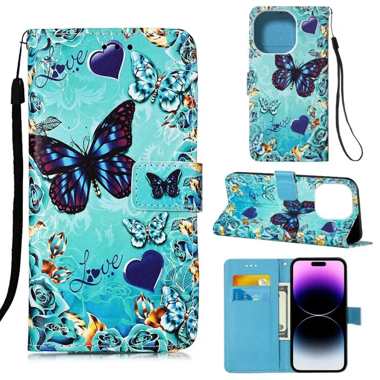 Painted Flat Texture Leather Case with Lanyard & Card Slot & Wallet & Holder For iPhone 14 Pro Max - For iPhone 14 Pro