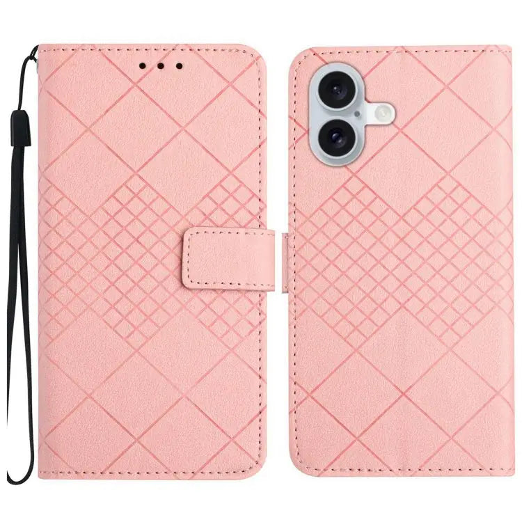 Rhombic Grid Texture Leather Phone Case - For iPhone 16 Plus / Pink