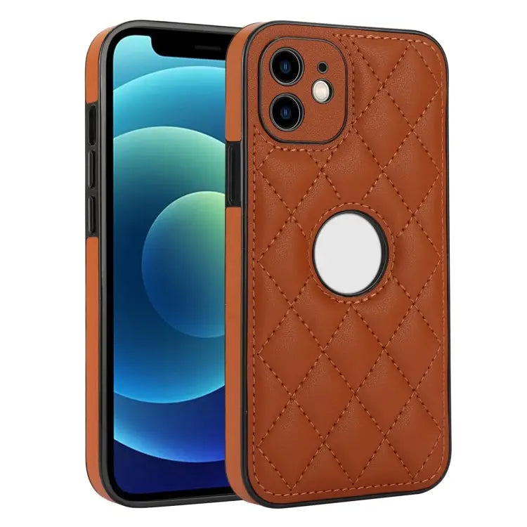 Rhombic Leather Back Cover Phone Case For iPhone 13 Pro For iPhone 13 For iPhone 12 - For iPhone 12 / Brown - Apple