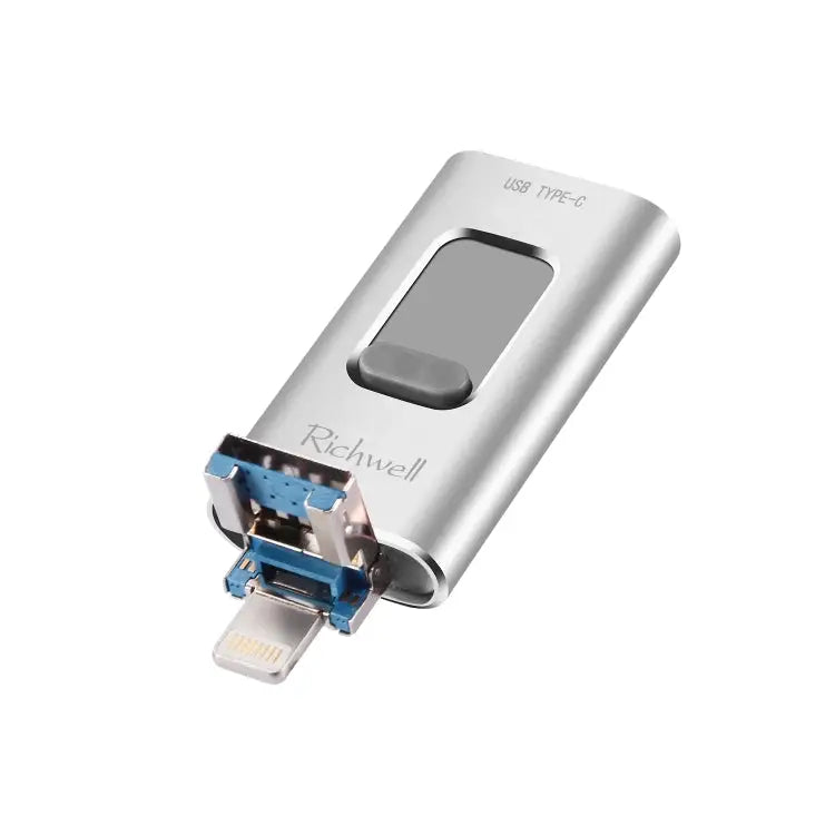 Richwell 3 in 1 16G Type-C + 8 Pin + USB 3.0 Metal Push-pull Flash Disk with OTG Function - Silver