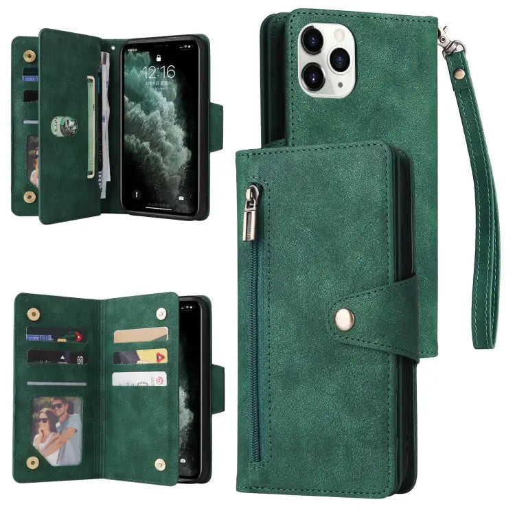 Rivet Buckle 9 Cards Three Fold Leather Phone Case For iPhone X/XS For iPhone XR For iPhone XS Max For iPhone 11 Pro
