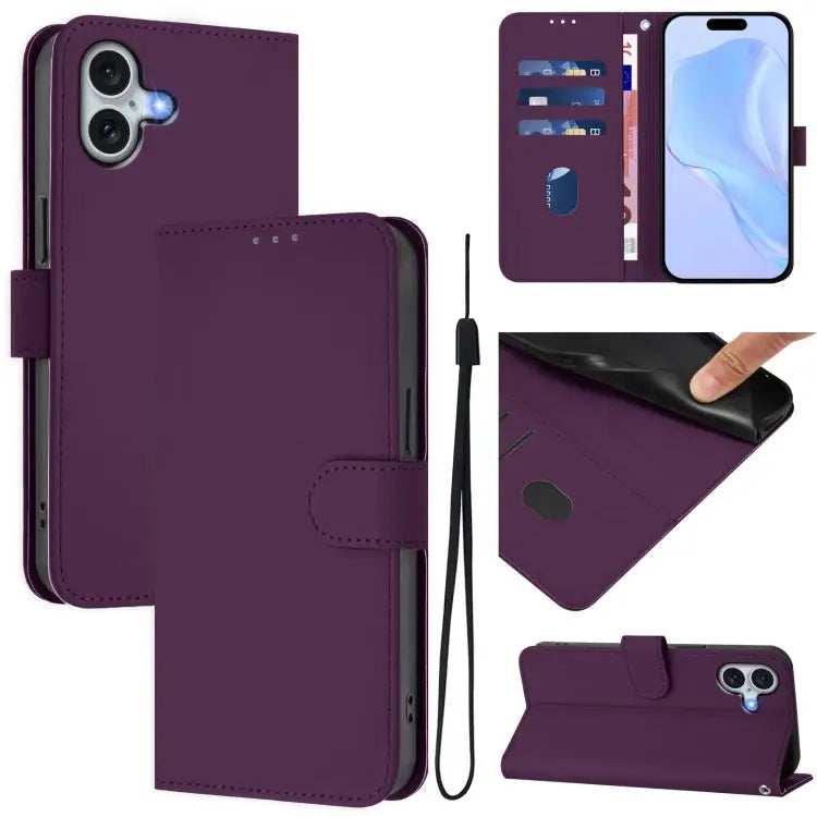 Skin Feel Solid Color Leather Phone Case with Lanyard For iPhone 15 Plus - For iPhone 16 Plus / Violet - Apple