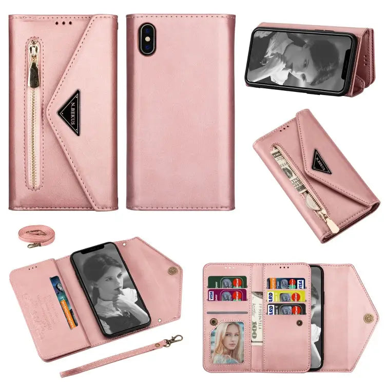 Skin Feel Zipper Horizontal Flip Leather Case with Holder & Card Slots & Photo Frame & Lanyard & Long Rope For iPhone