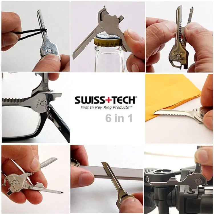 SWISS + TECH Stainless Steel 6 in 1 Multi-function Outdoor Key Chain Foldable Mini Tools Key Ring