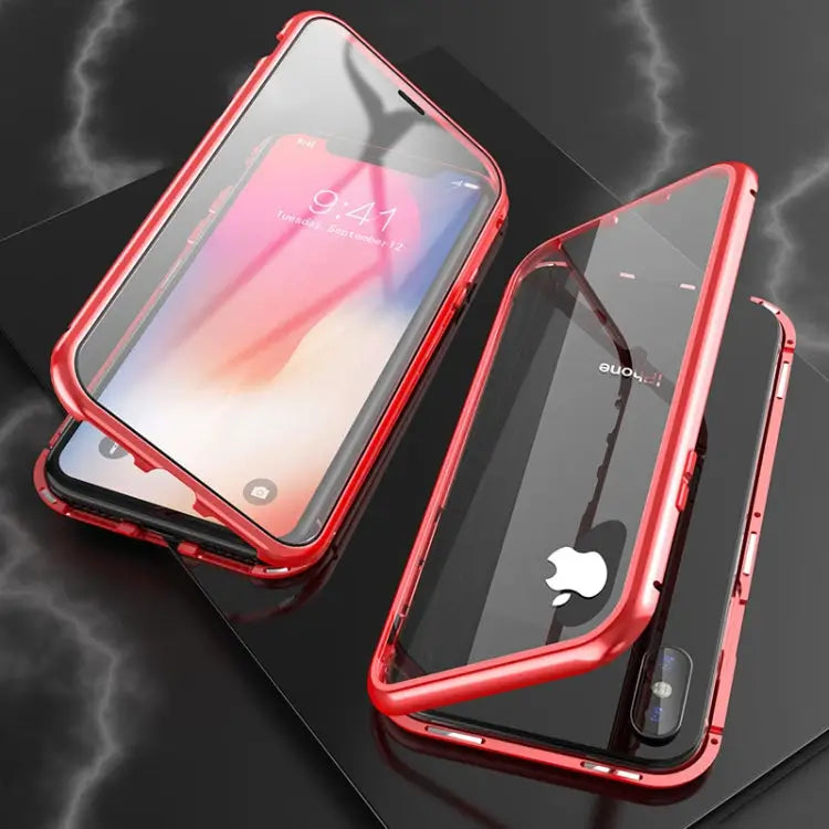 Ultra Slim Double Sides Magnetic Adsorption Angular Frame Tempered Glass Magnet Flip Case For iPhone X / XS For iPhone