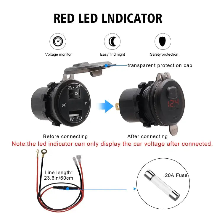 Universal Car Single Port USB Charger Power Outlet Adapter 2.4A 5V IP66 with LED Digital Voltmeter + Switch + 60cm