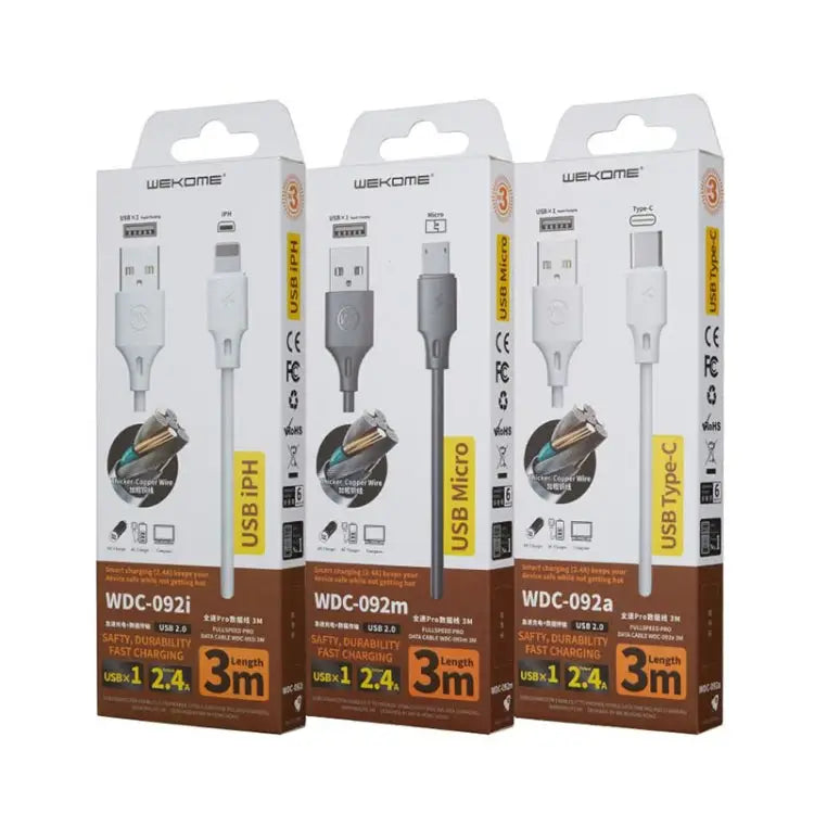 WK WDC-092 3m 2.4A Max Output Full Speed Pro Series USB to 8 Pin Data Sync Charging Cable 3m 8 Pin - 3m 8 Pin / White