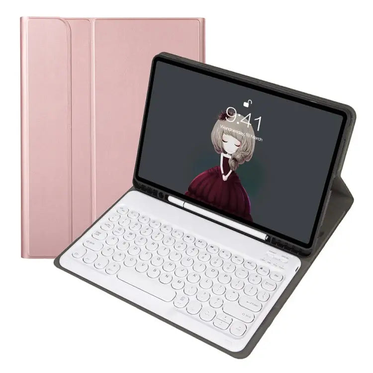 YA11B 2021 Detachable Lambskin Texture Round Keycap Bluetooth Keyboard Leather Case with Pen Slot & Stand For iPad Pro