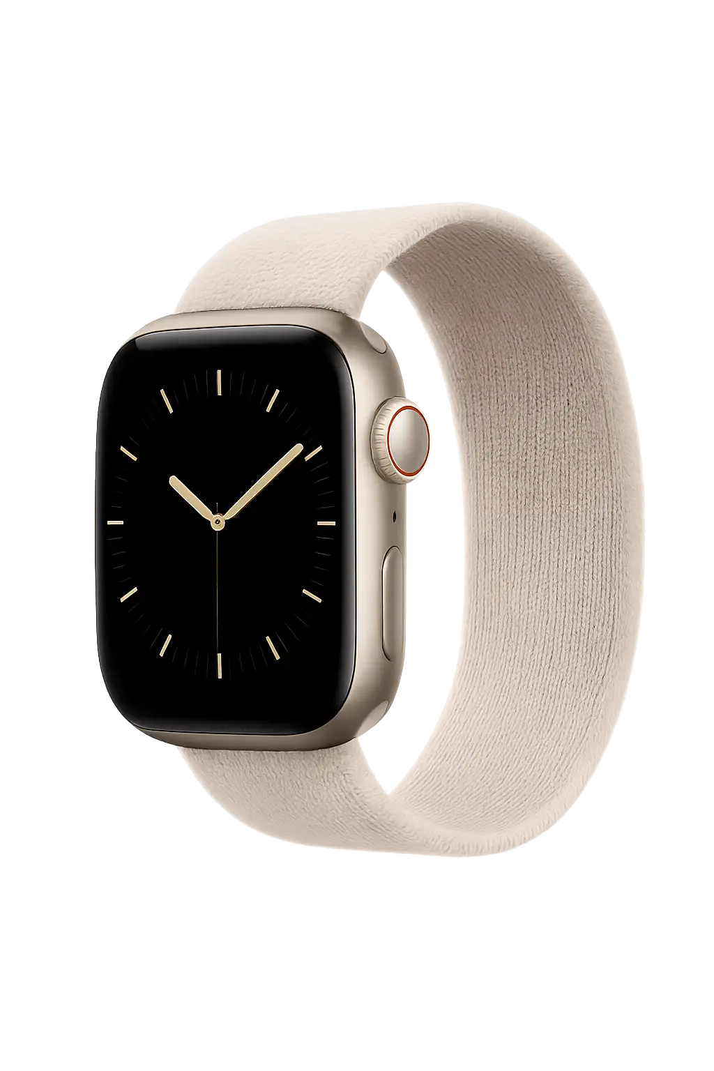 Gold Apple Watch with a light beige Solo Loop band.