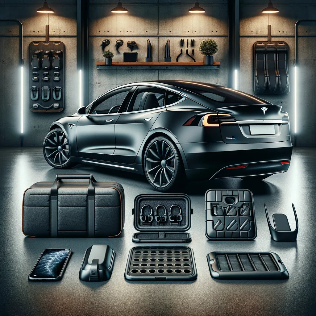 Sleek black Tesla sedan with various accessories.