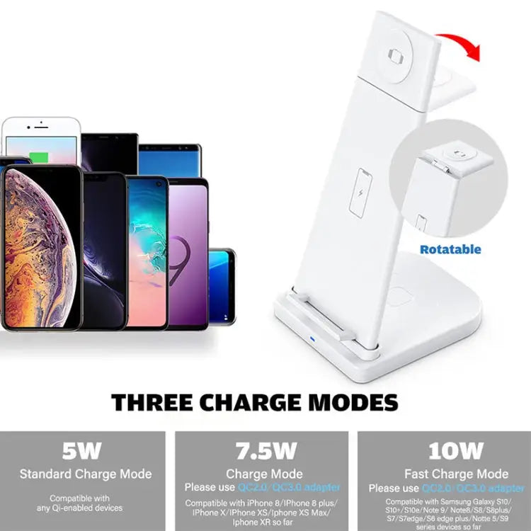 10W 3 in 1 QC 3.0 Vertical Multi-function Wireless Charger with Stand Function Suitable for Mobile Phones / Apple Watch