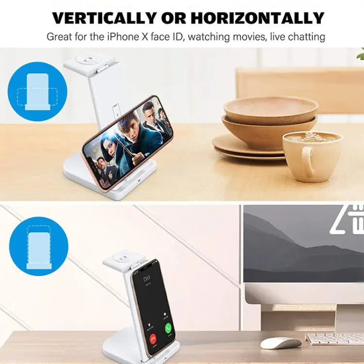 10W 3 in 1 QC 3.0 Vertical Multi-function Wireless Charger with Stand Function Suitable for Mobile Phones / Apple Watch