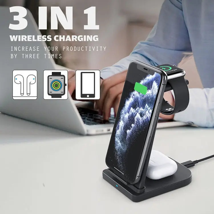 10W 3 in 1 QC 3.0 Vertical Multi-function Wireless Charger with Stand Function Suitable for Mobile Phones / Apple Watch