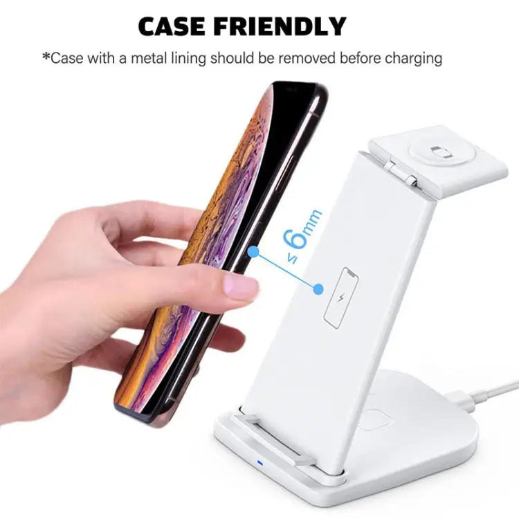 10W 3 in 1 QC 3.0 Vertical Multi-function Wireless Charger with Stand Function Suitable for Mobile Phones / Apple Watch