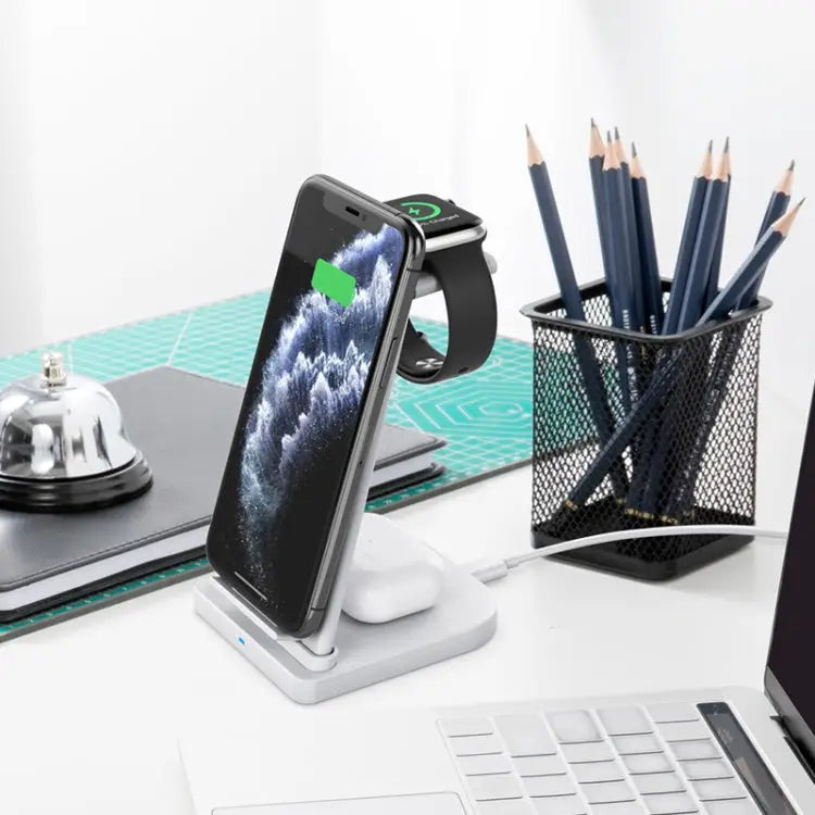 10W 3 in 1 QC 3.0 Vertical Multi-function Wireless Charger with Stand Function Suitable for Mobile Phones / Apple Watch