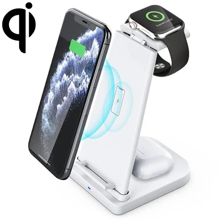 10W 3 in 1 QC 3.0 Vertical Multi-function Wireless Charger with Stand Function Suitable for Mobile Phones / Apple Watch