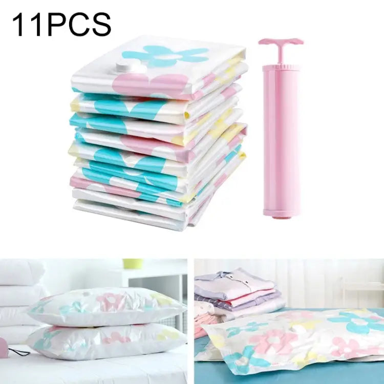 11 PCS Space Saving Sunflowers Pattern Vacuum Storage Bag Thinken Quilts Clothing Vacuum Seal Storage Bag with a Hand