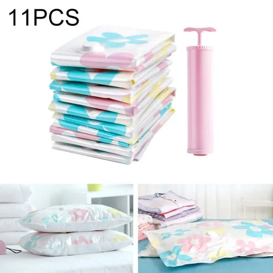 11 PCS Space Saving Sunflowers Pattern Vacuum Storage Bag Thinken Quilts Clothing Vacuum Seal Storage Bag with a Hand