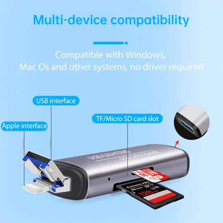 118 2 in 1 USB + 8 Pin Interfaces USB Flash Disk / Memory Card OTG Card Reader for IOS System Mobile Phone / Computer