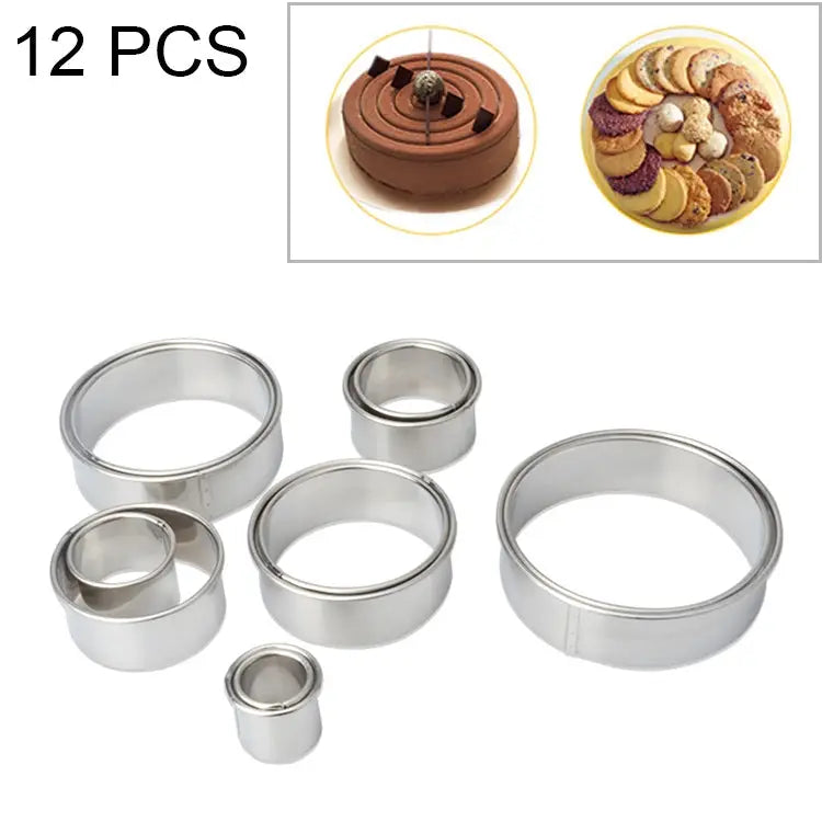 12 PCS / Set Stainless Steel Round Shape Cutting Mould Mousse Cake Doughnut Baking Tools Round Shape(12 PCS / Set)