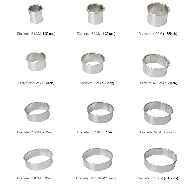 12 PCS / Set Stainless Steel Round Shape Cutting Mould Mousse Cake Doughnut Baking Tools Round Shape(12 PCS / Set)