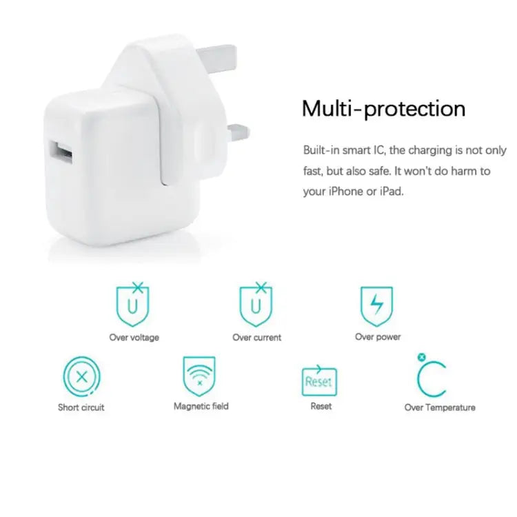 12W USB Charger + USB to 8 Pin Data Cable for iPad / iPhone / iPod Series UK Plug