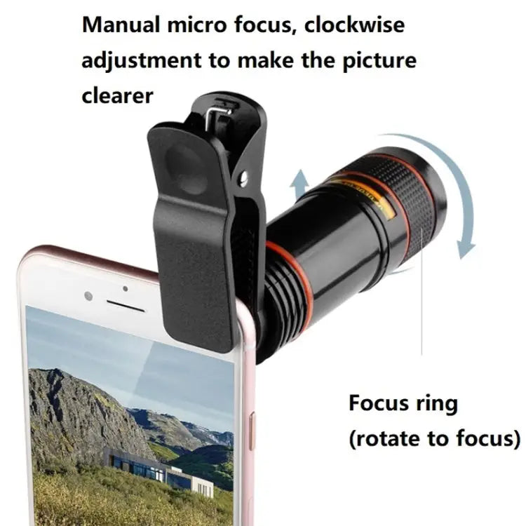 12X Telephoto Telescope Camera Zoom Mobile Phone External Lens - Black