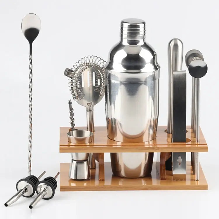 14 in 1 Stainless Steel Cocktail Shaker Tools Set with Bamboo Mount Capacity: 750ml 750ml Bamboo - 750ml, Bamboo