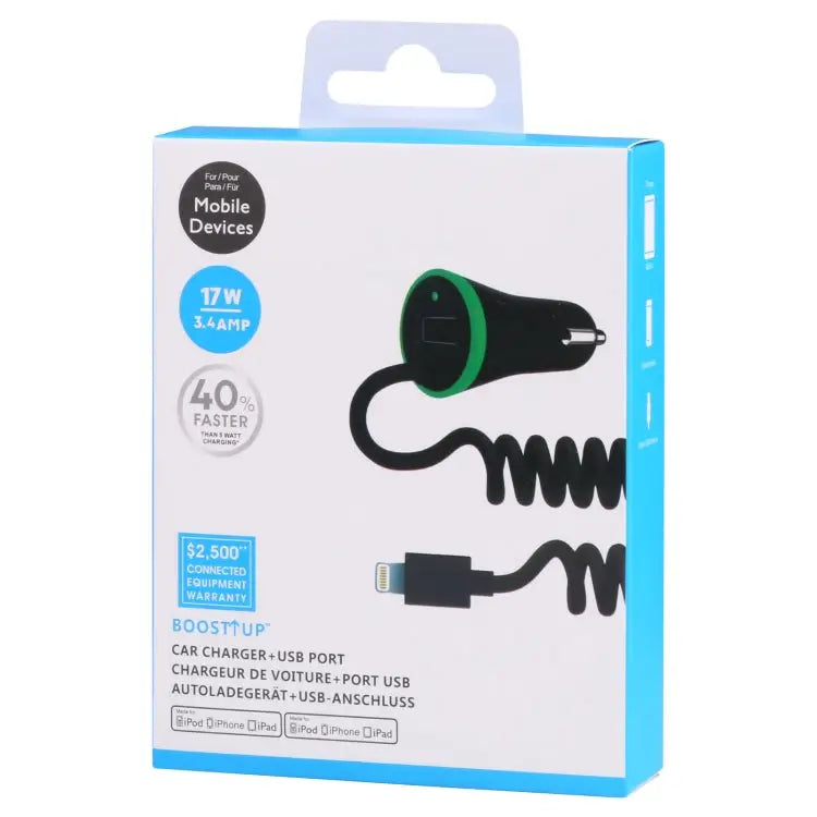 17W 3.4A Mini USB Car Charger with 8 Pin Spring Cable 8 Pin - 8 Pin