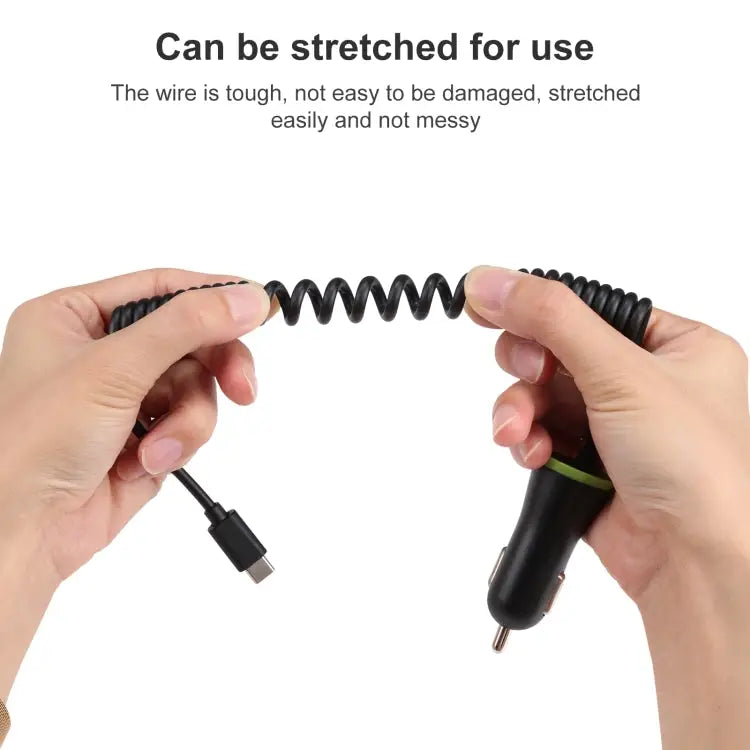 17W 3.4A Mini USB Car Charger with USB-C / Type-C Spring Cable USB-C / Type-C - USB-C / Type-C