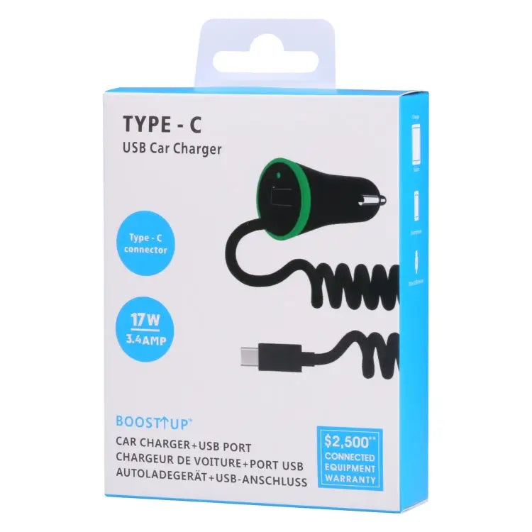 17W 3.4A Mini USB Car Charger with USB-C / Type-C Spring Cable USB-C / Type-C - USB-C / Type-C