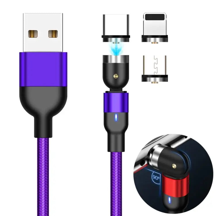 1m 2A Output 3 in 1 USB to 8 Pin + USB-C / Type-C + Micro USB Nylon Braided Rotate Magnetic Charging Cable - 1m 3 in 1